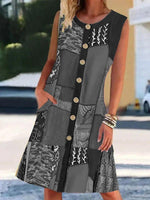 Load image into Gallery viewer, Black Crew Neck Tribal Sleeveless Paneled Dresses

