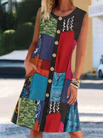 Load image into Gallery viewer, Black Crew Neck Tribal Sleeveless Paneled Dresses
