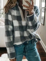 Cargar imagen en el visor de la galería, Band Collar Zipper Gingham Plaid Sweater/Sweatshirt

