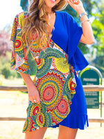 Load image into Gallery viewer, Blue V Neck Holiday Printed Swing Dresses

