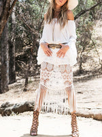 Load image into Gallery viewer, Boho Off Shoulder Lace Fringed Maxi Dress
