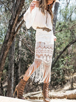 Load image into Gallery viewer, Boho Off Shoulder Lace Fringed Maxi Dress
