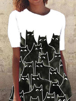 Load image into Gallery viewer, Black Crew Neck Short Sleeve Animal A-Line Dresses
