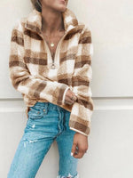 Cargar imagen en el visor de la galería, Band Collar Zipper Gingham Plaid Sweater/Sweatshirt
